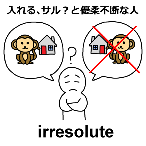 irresoluteの語呂合わせ：入れる、サル？と優柔不断な人